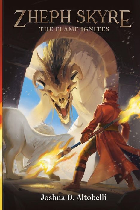 "Zheph Skyre: The Flame Ignites" - Ein rotes Gewand tragender Charakter mit brennender Waffe steht einem Drachen gegenüber.