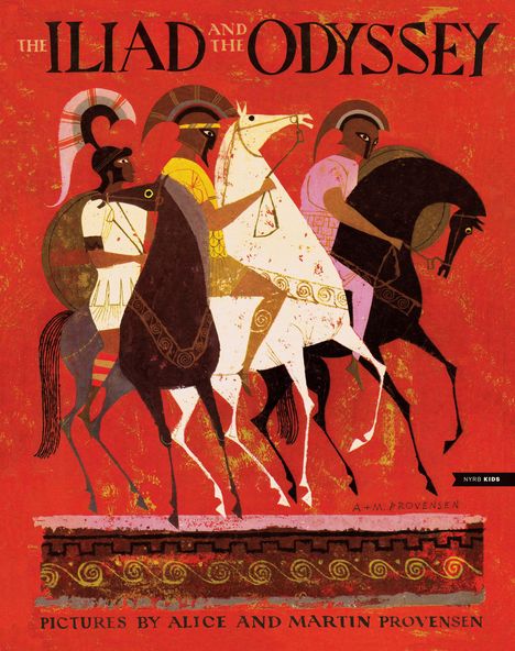 „The Iliad and The Odyssey“ in großer Schrift auf rotem Hintergrund. Drei antike Krieger auf Pferden, stilisiert und bunt.