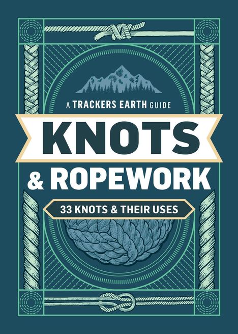 „Knots & Ropework“: 33 Knoten. Oben Berge, Seilknoten; alles in einem grafischen Rahmen.