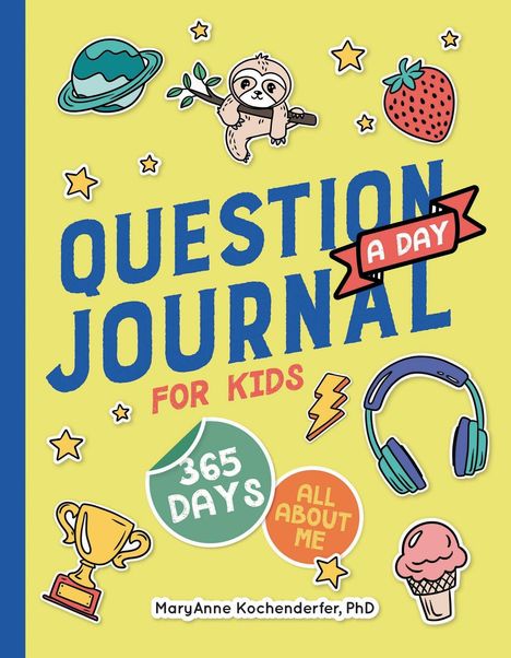 Titel: "Question Journal for Kids". Illustrationen: Faultier, Trophäe, Kopfhörer, Erdbeere, Eis, Planeten, Sterne.