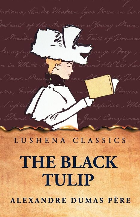 Text: "Lushena Classics. The Black Tulip. Alexandre Dumas Père." Illustration: Person mit Hut liest ein Buch.