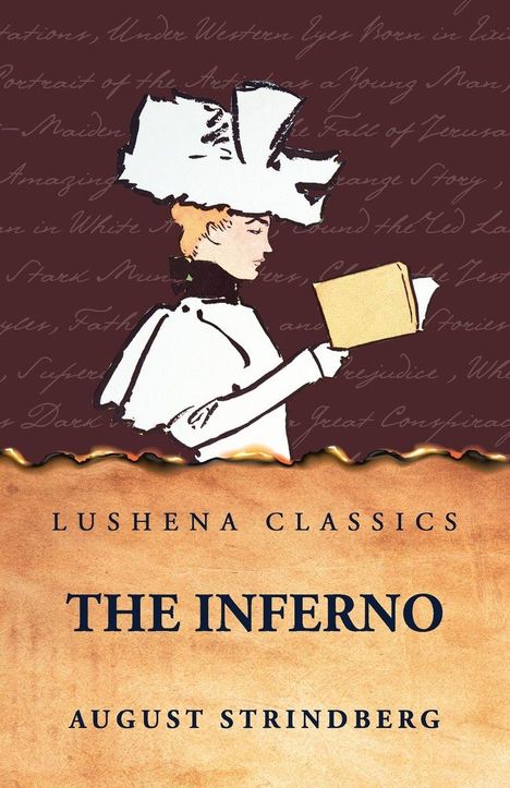 Text: "Lushena Classics, The Inferno, August Strindberg." Illustration einer Frau mit Hut, die ein Buch liest.