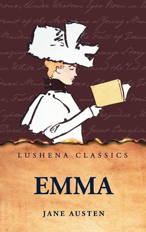 "Lushena Classics. Emma. Jane Austen." Illustration einer Frau im Profil mit Hut, die ein Buch hält, auf braunem Hintergrund.