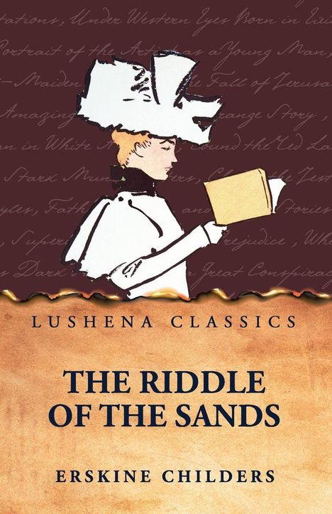 "THE RIDDLE OF THE SANDS" von Erskine Childers. Illustration: Person im Hut liest ein Buch, Vintage-Stil.