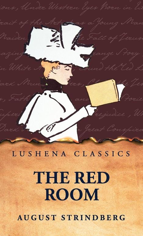 "Lushena Classics" über "The Red Room" von August Strindberg. Illustration einer Person mit Hut und Buch.