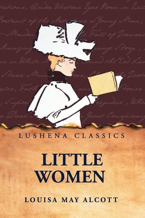 Text: "Lushena Classics", "Little Women", "Louisa May Alcott".  
Illustration einer Frau mit Hut, die ein Buch liest.