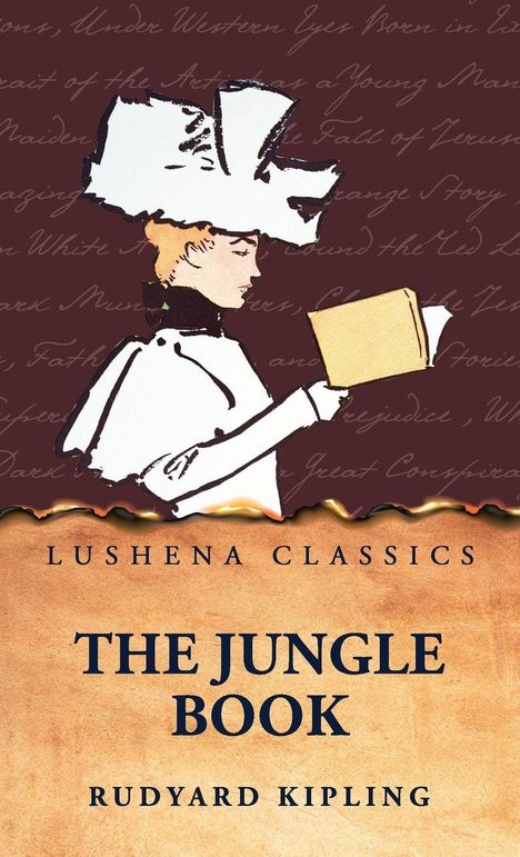 "Lushena Classics. The Jungle Book. Rudyard Kipling." Illustration einer Frau mit Hut und Buch vor rotem Hintergrund.