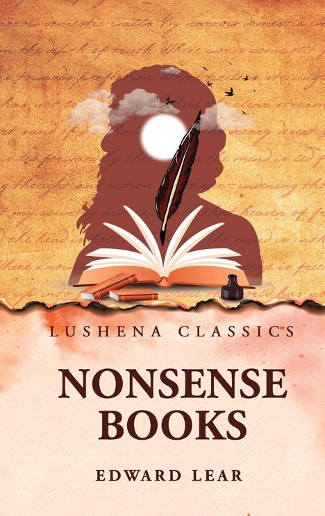 "Lushena Classics. Nonsense Books. Edward Lear." Ein offenes Buch mit Feder auf gemustertem Hintergrund, Vögel oben.
