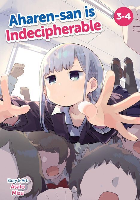 Text: "Aharen-san is Indecipherable 3-4", "Story & Art: Asato Mizu." Illustration: Ein Mädchen greift nach vorne, Menschen darunter.