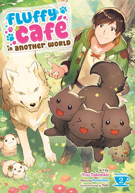 "Fluffy Café in Another World". Ein fröhlicher junger Mann mit Tieren in einem bunten, blühenden Garten.