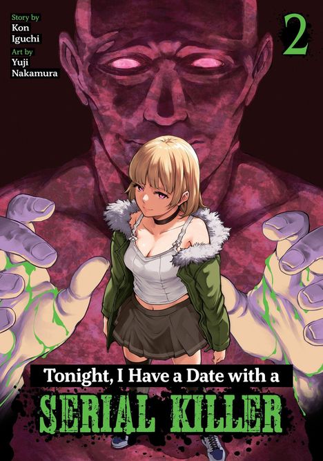 "Tonight, I Have a Date with a Serial Killer". Illustration: Blonde Frau vor riesiger, lila bedrohlicher Gestalt.