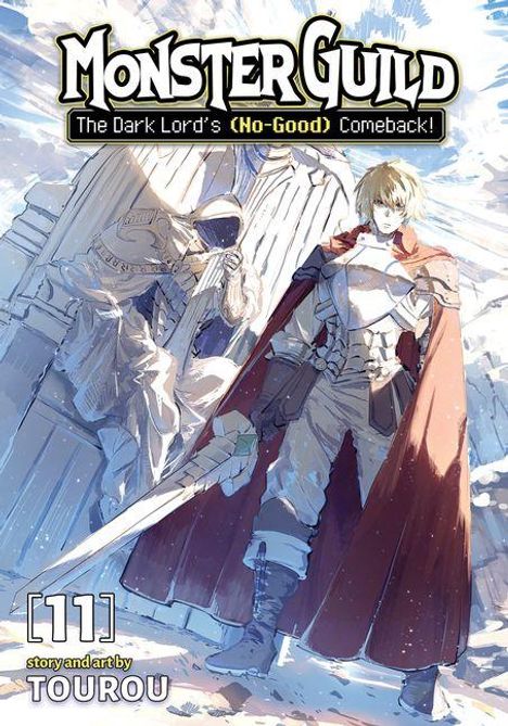 "Monster Guild: The Dark Lord’s (No-Good) Comeback! [11]" Illustration eines Ritters mit Schwert, vor einer Statue.