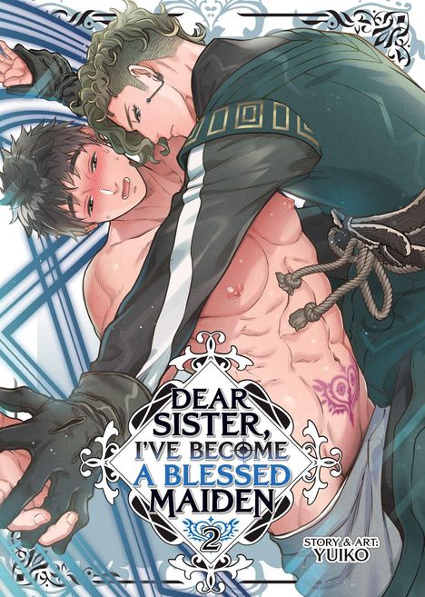 Text: "DEAR SISTER, I'VE BECOME A BLESSED MAIDEN 2". Zwei Männer in inniger Umarmung, einer mit freiem Oberkörper und Tätowierung.