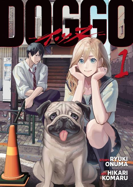 Text: „DOGGO 1“. Junge Frau lächelt neben einem Mops, junger Mann im Hintergrund. Illustration mit Baukegel.