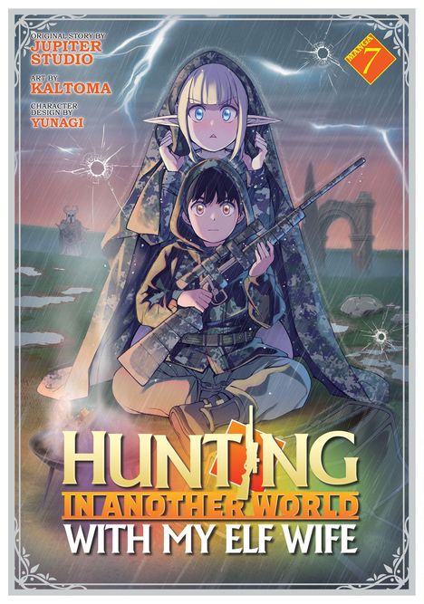 Text: "Hunting in Another World with My Elf Wife." Ein junger Mann und eine Elfe in Tarnkleidung, bewaffnet, bei Regen.