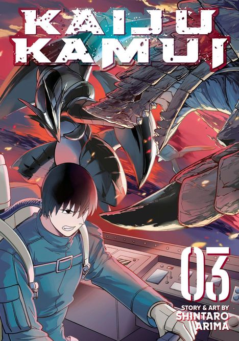 "KAIIJ KAMUI 03, Story & Art by Shintaro Arima". Ein junger Mann in einem blauen Anzug steuert ein Cockpit, bedrohliche Kreatur im Hintergrund.
