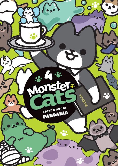 "4 Monster Cats, Story & Art by Pandania." Bunte, verspielte Katzen in verschiedenen Formen auf grünem Hintergrund.