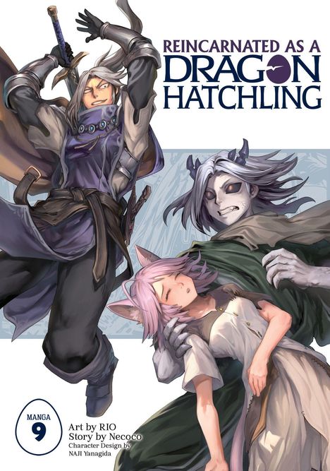 "Reincarnated as a Dragon Hatchling" steht oben rechts. Darunter dynamische Anime-Charaktere, einer mit Schwert, andere schlafen.