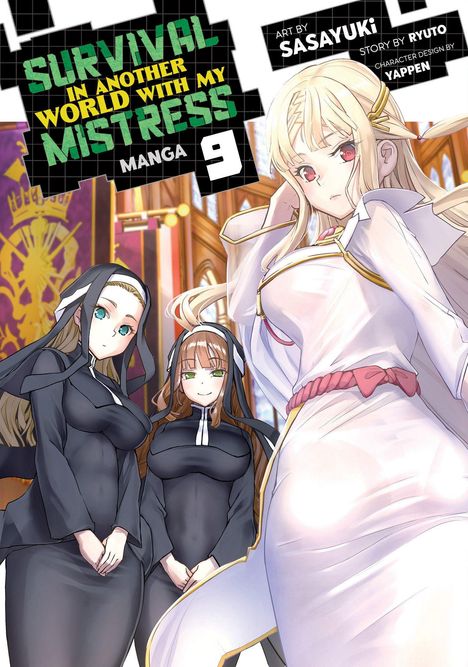 "Survival in Another World with My Mistress, Manga 9." Drei junge Frauen, eine in Weiß, zwei in schwarzer Kleidung mit Hauben.