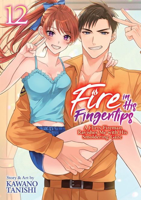 Eine Illustration: „Fire in His Fingertips.“ Ein Mann hält eine Frau auf dem Arm, beide lächeln.