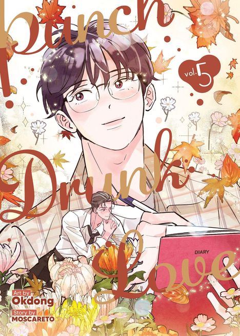 „Punch Drunk Love Vol. 5“ in roter und goldener Schrift. Illustration: Junge mit Brille in herbstlicher Szene. Blumen und Blätter.