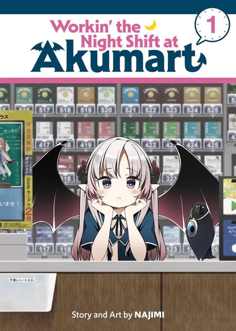 "Workin' the Night Shift at Akumart." Mädchen mit Fledermausflügeln in Ladenumgebung, Zigarettenauslage im Hintergrund.