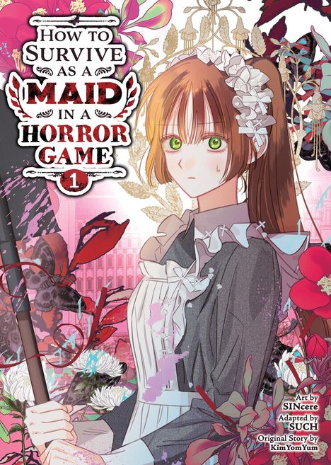 Schrift: "How to Survive as a Maid in a Horror Game 1". Junge Frau in einem Dienstmädchen-Outfit, umgeben von Blumen.