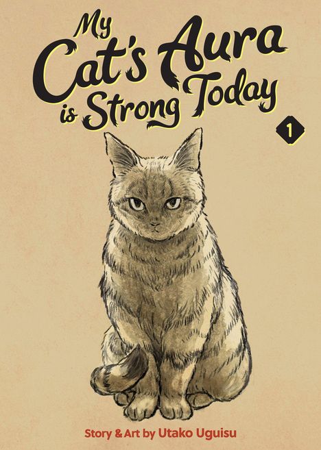 "My Cat's Aura is Strong Today," Volume 1. Eine gezeichnete Katze sitzt aufmerksam und schaut direkt nach vorne.