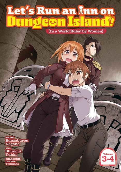 „Let's Run an Inn on Dungeon Island!“ In einer Fantasywelt, drei Anime-Figuren schauen überrascht, Burgkulisse.