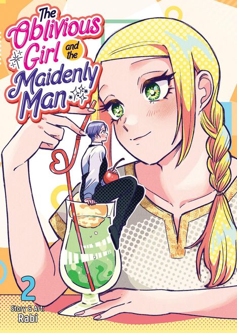 Text: "The Oblivious Girl and the Maidenly Man 2 Story & Art: Rabi." Illustration eines Mädchens mit Zopf. Ein kleiner Mann auf einem Glas.
