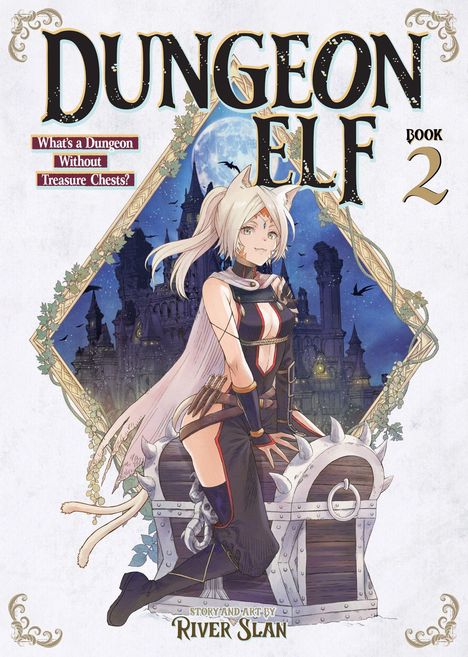 "Dungeon Elf Book 2" und "What's a Dungeon Without Treasure Chests?" Eine Elfe sitzt auf einer Schatztruhe vor einem Schloss.