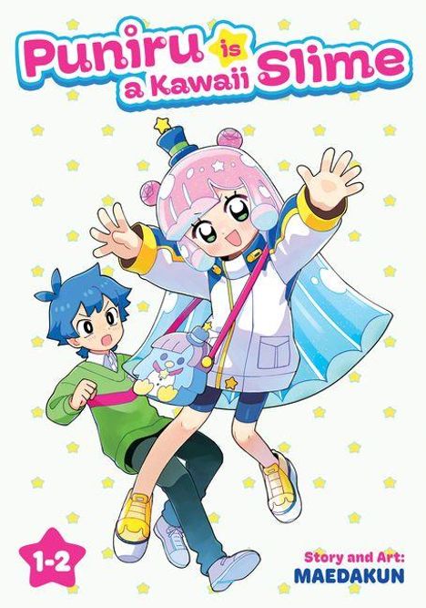Text: "Puniru is a Kawaii Slime". Illustration von zwei fröhlichen Figuren in bunten Outfits, umgeben von Sternen.