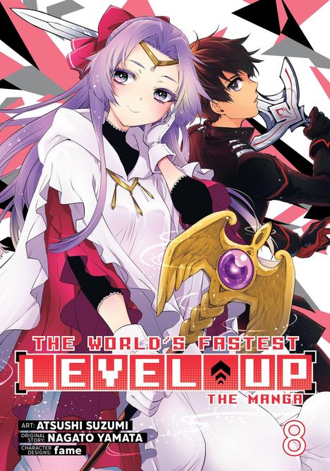 „THE WORLD'S FASTEST LEVEL UP“ Manga-Cover. Zwei Anime-Charaktere, ein Mädchen mit lila Haaren und ein Junge mit Schwert.