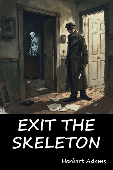 "EXIT THE SKELETON" oben. Unten "Herbert Adams". Ein Mann mit Pistole in einem Flur, hinten ein leuchtendes Skelett.
