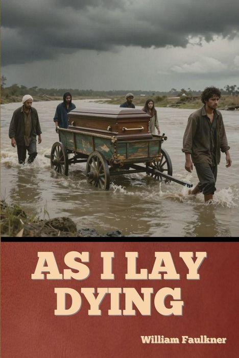 "As I Lay Dying" von William Faulkner. Menschen ziehen einen Karren mit Sarg durch einen Fluss, dunkle Wolken am Himmel.