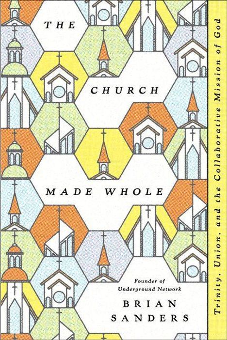 „The Church Made Whole“, Brian Sanders. Muster aus hexagonalen Formen mit kleinen Kirchen und Türmen in Pastellfarben.