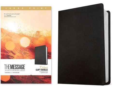 "LARGE PRINT", "A landmark and a triumph.", "THE MESSAGE", "Deluxe GIFT BIBLE", schwarzer Ledereinband.