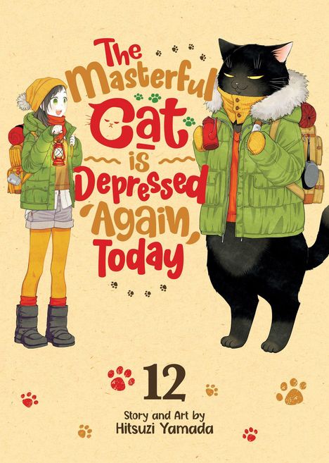 Buchtitel: „The Masterful Cat is Depressed Again, Today“. Zwei Figuren in Mänteln, ein großes Tier und eine Person mit Rucksack.