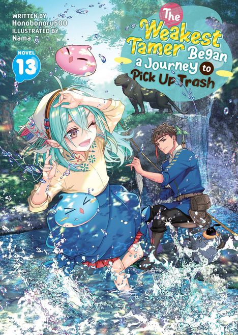"The Weakest Tamer Began a Journey to Pick Up Trash" ist in bunter Schrift zu sehen. Ein Mädchen mit türkisfarbenem Haar spielt im Wasser.