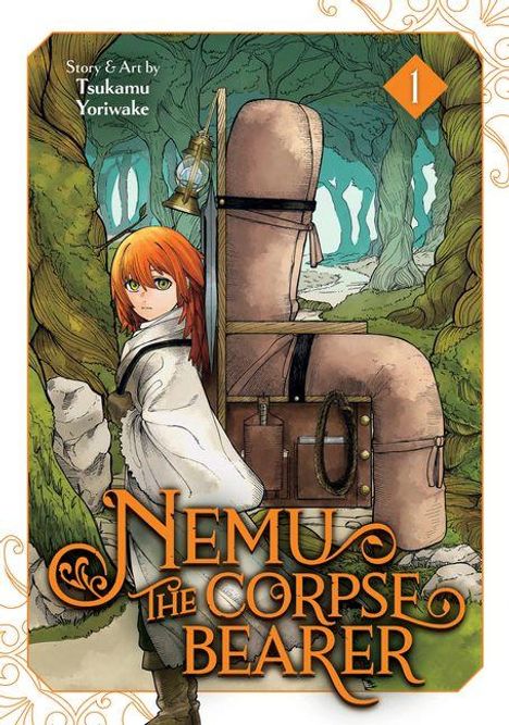 Titel: "Nemu the Corpse Bearer". Ein Charakter mit orangefarbenem Haar in einem Wald, trägt ein großes, gepolstertes Objekt.