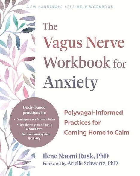 „The Vagus Nerve Workbook for Anxiety“; Techniken zur Angstbewältigung, mit Illustrationen von Blättern links.