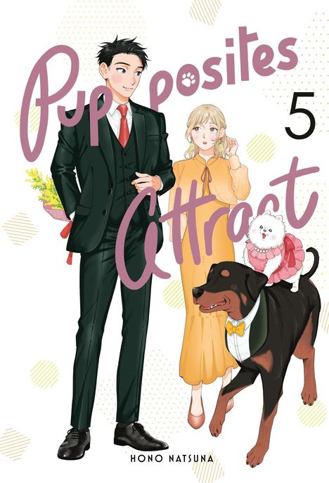„Pup Positives Attract 5“, Illustration: Mann im Anzug, Frau im Kleid, großer Hund mit kleinem Hund oben drauf.