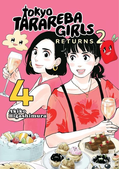 „Tokyo Tarareba Girls Returns 2“, zwei Frauen mit Getränken, verschiedene Desserts um sie herum, rosa Hintergrund.