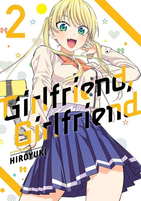 „2“, „Girlfriend, Girlfriend“, präsentiert von Hiroyuki. Anime-Mädchen mit blonden Haaren und blauer Schuluniform.