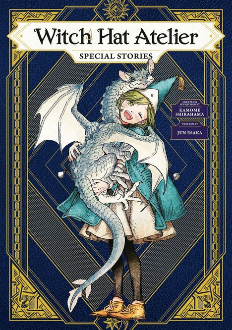 "Witch Hat Atelier Special Stories." Ein Mädchen mit Hexenhut umarmt einen lächelnden Drachen auf elegantem, blauem Hintergrund.