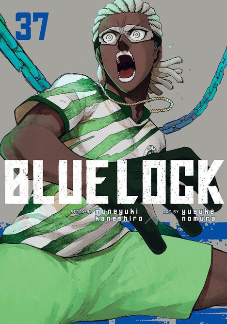 "37", "BLUE LOCK" groß im Vordergrund; Cartoon eines schreienden Fußballspielers in grün-weißem Trikot.