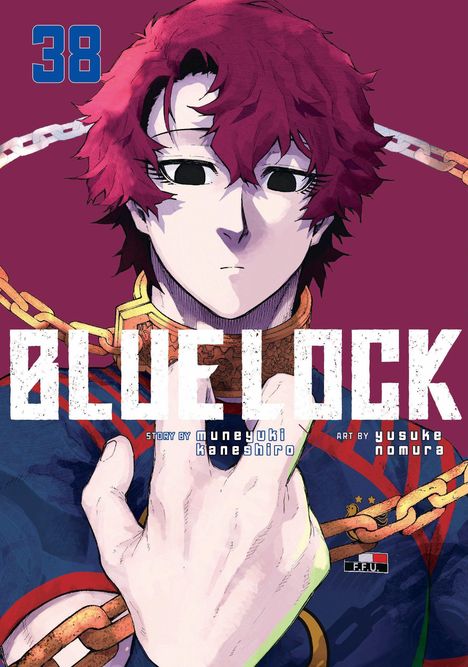 **38**, **Blue Lock**, darunter Autoren. Illustration eines jungen Mannes in Kleidung mit Kette um den Hals vor weinrotem Hintergrund.