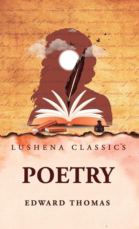 "Lushena Classics Poetry Edward Thomas" vor einer Illustration: Silhouette mit Feder, Buch, Wolken und fliegenden Vögeln.