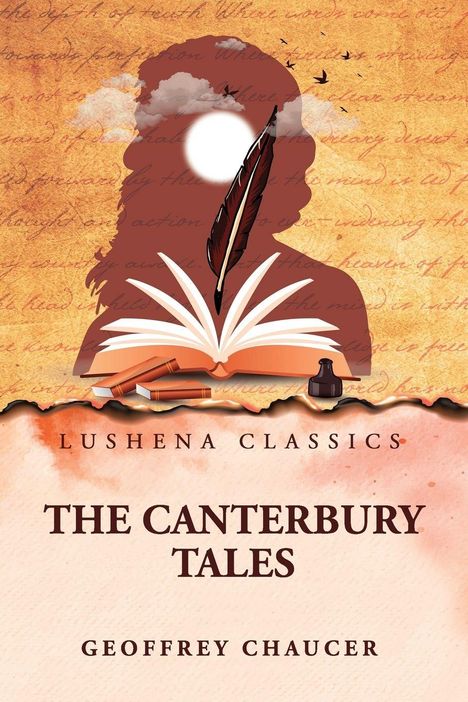 Texte: THE CANTERBURY TALES, GEOFFREY CHAUCER. Illustration mit Kopf, Buch, Feder und Tintenfass.
