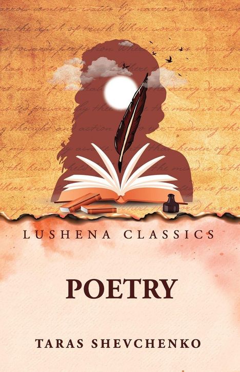 LUSHENA CLASSICS POETRY TARAS SHEVCHENKO. Offenes Buch, Federkiel, Tinte, Silhouette, Vögel, Sonne, Wolken auf beigem Hintergrund.